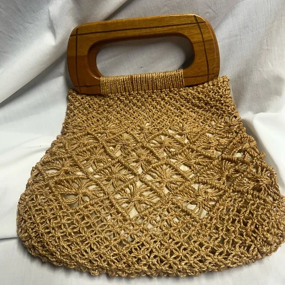 Vintage Macrame Wooden Rectangle Handle Purse 1970s 1980s Boho - Picture 1 of 11